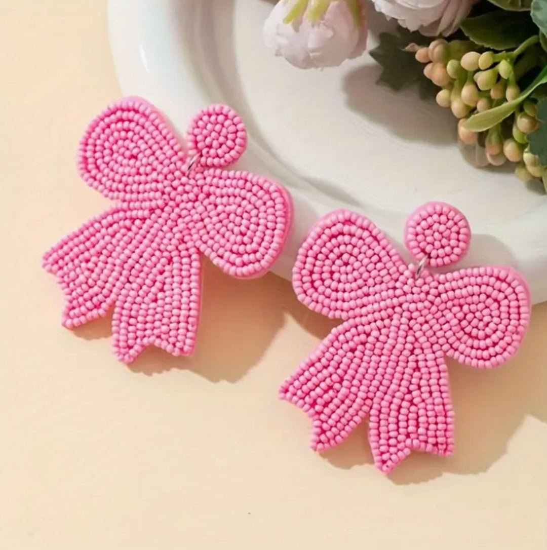 Solid Pink Beaded Bow Earrings - Lolo Viv Boutique