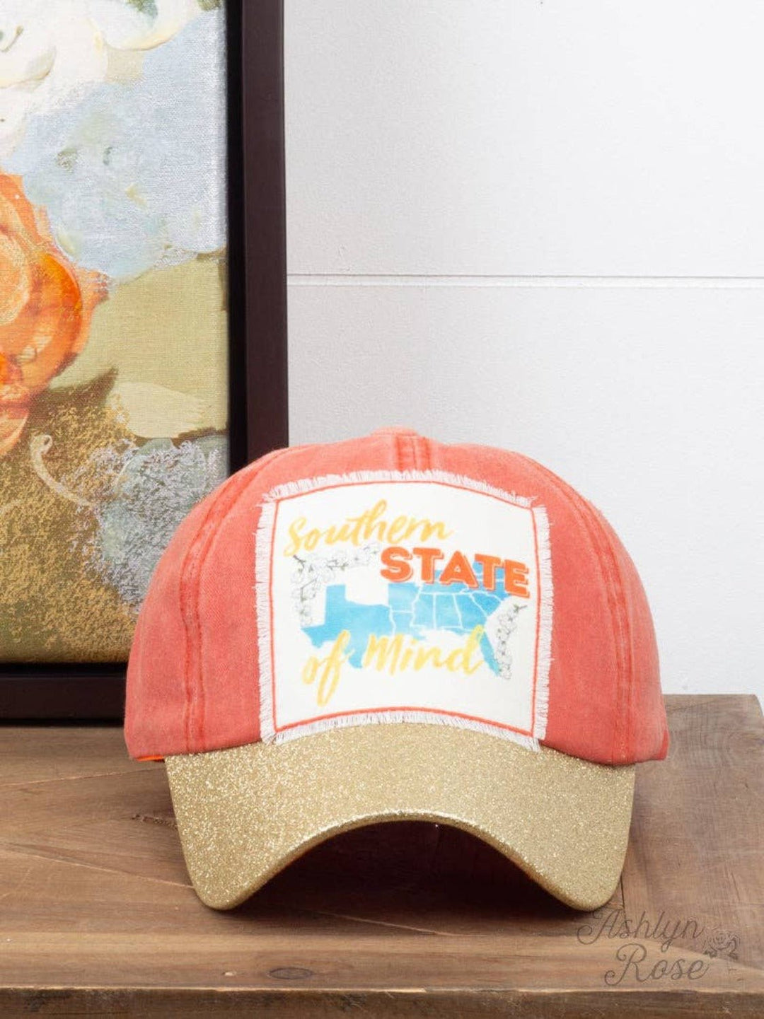 Southern State of Mind Patch on Orange Hat with Gold Glitter Bill - Lolo Viv Boutique