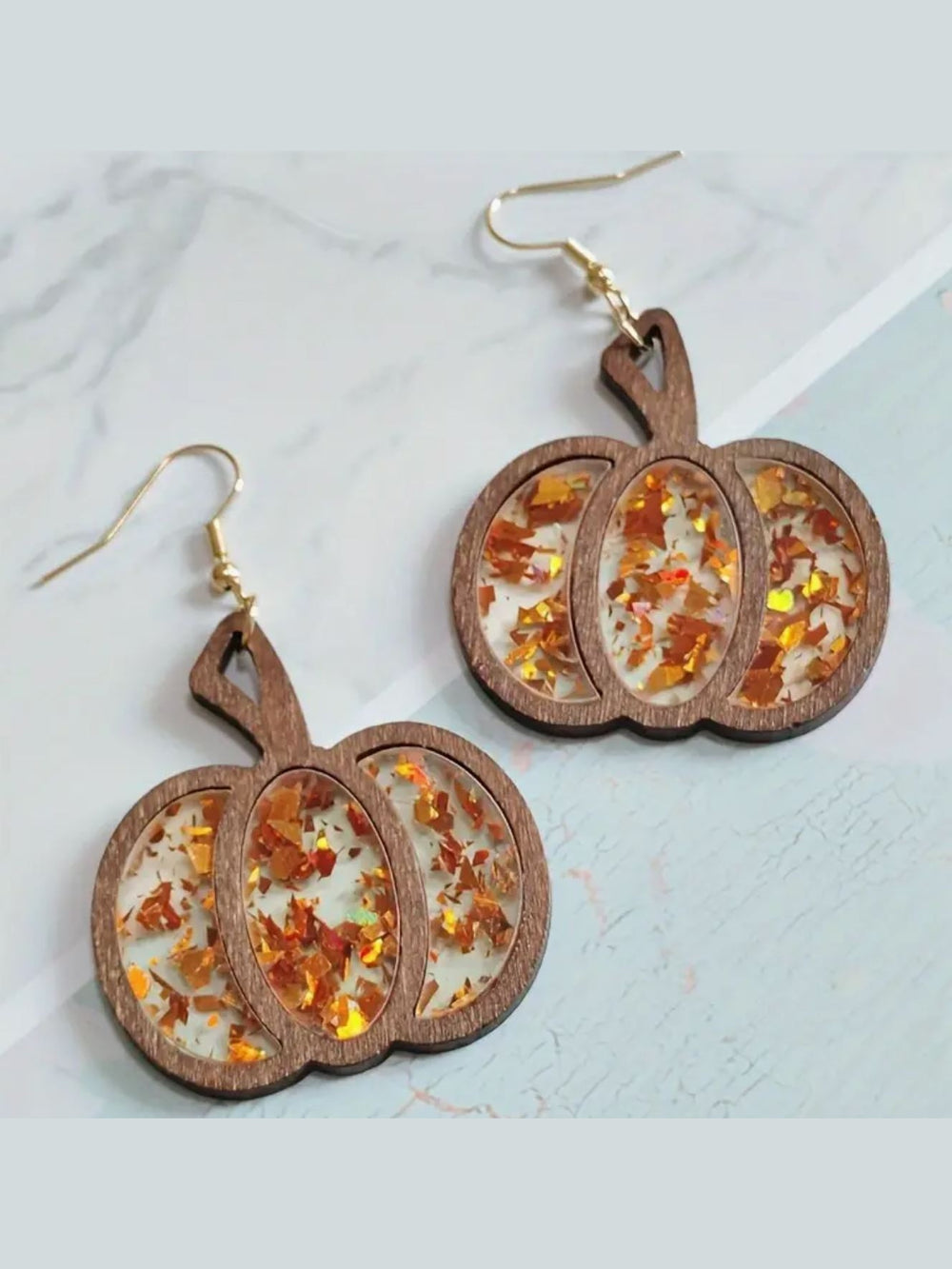 Sparkly Acrylic and Wooden Pumpkin Earrings - Lolo Viv Boutique