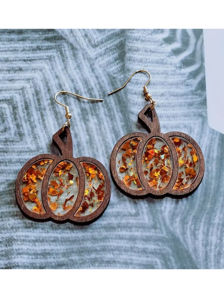 Sparkly Acrylic and Wooden Pumpkin Earrings - Lolo Viv Boutique