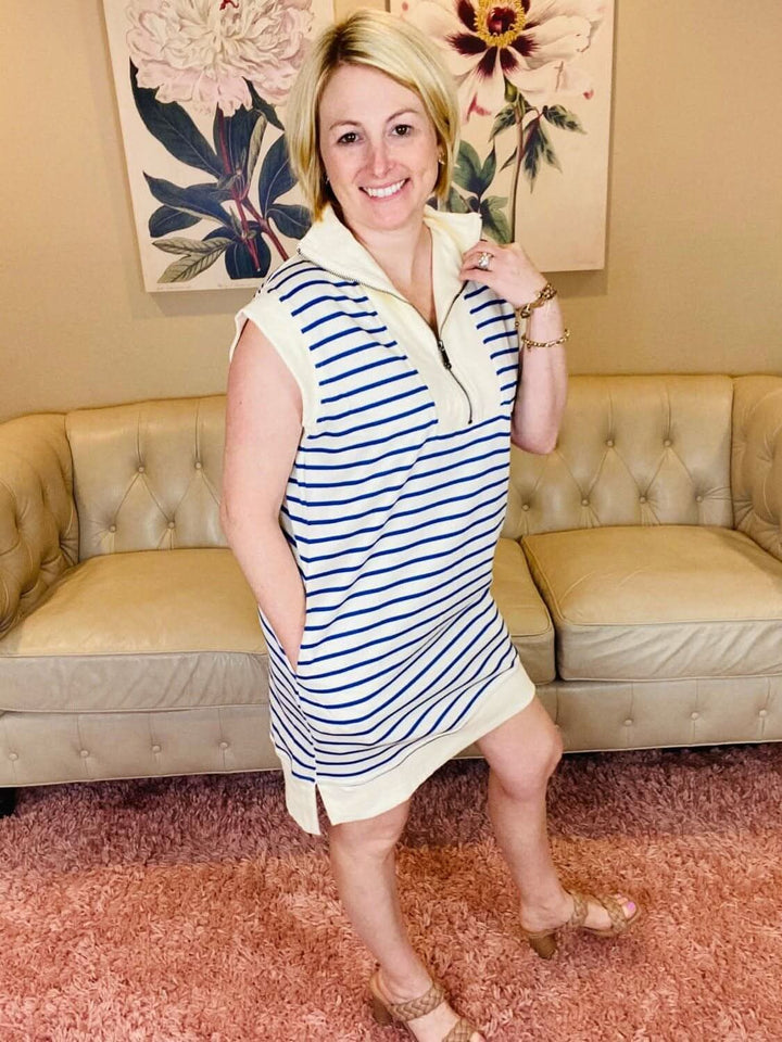 Sporty Blue and White Striped 3/4 Zip Up Dress - Lolo Viv Boutique