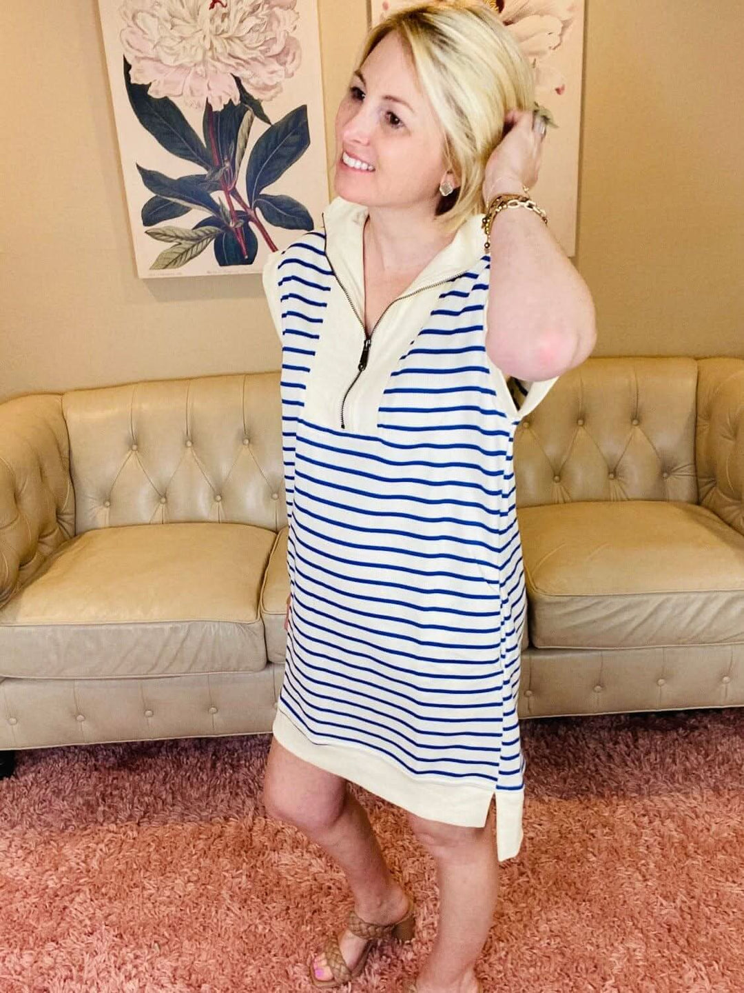 Sporty Blue and White Striped 3/4 Zip Up Dress - Lolo Viv Boutique