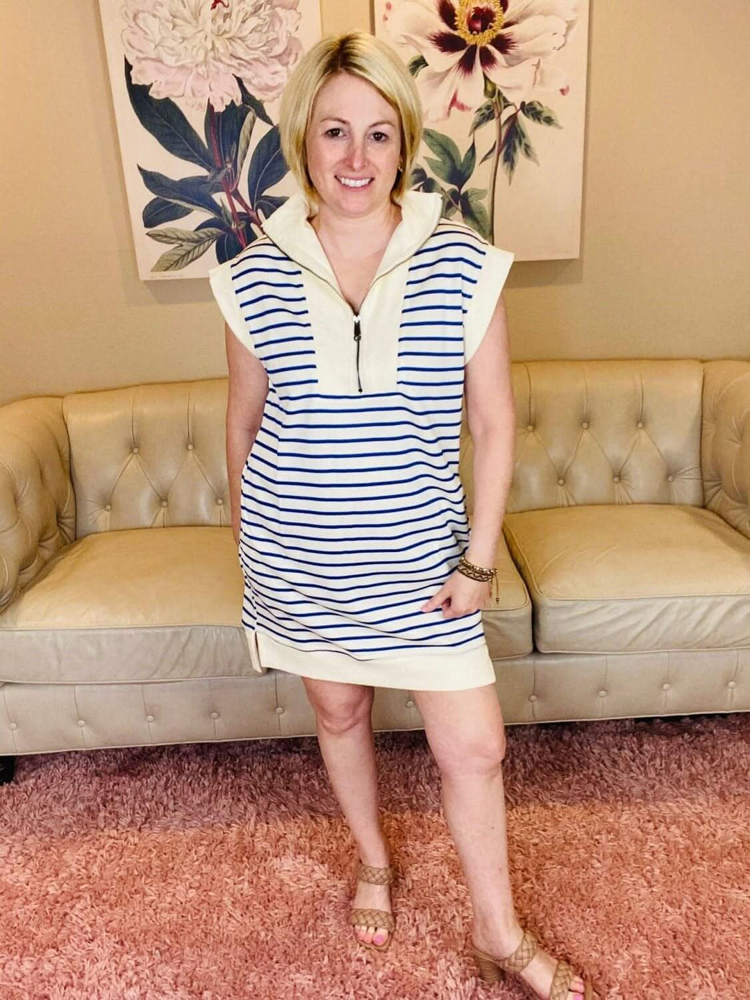 Sporty Blue and White Striped 3/4 Zip Up Dress - Lolo Viv Boutique