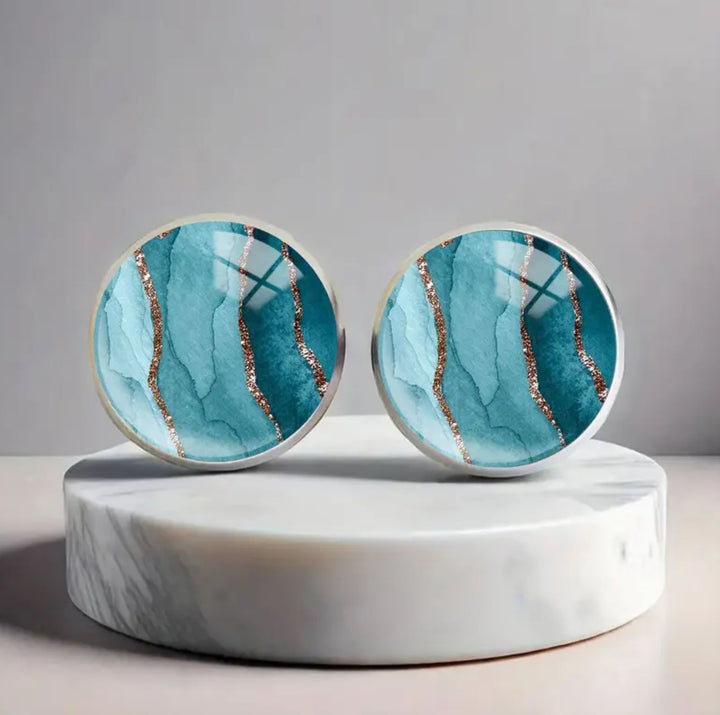 Teal Blue Marble Stud Earrings - Lolo Viv Boutique