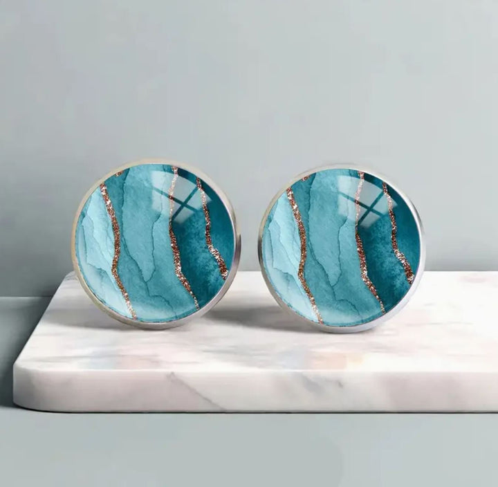 Teal Blue Marble Stud Earrings - Lolo Viv Boutique