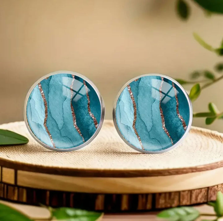 Teal Blue Marble Stud Earrings - Lolo Viv Boutique