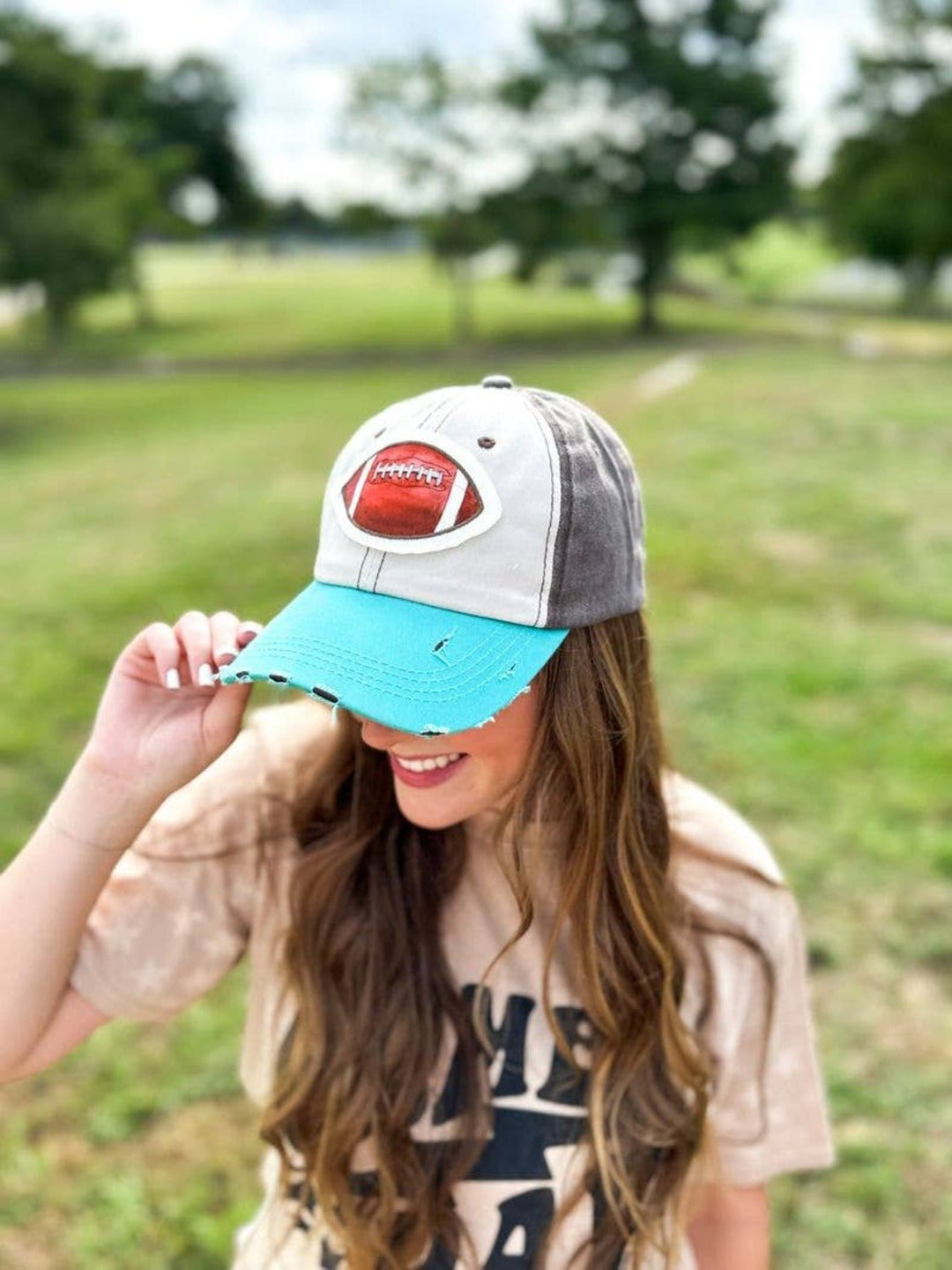 Watercolor Football Parch on Turquoise Grey and Beige Hat - Lolo Viv Boutique