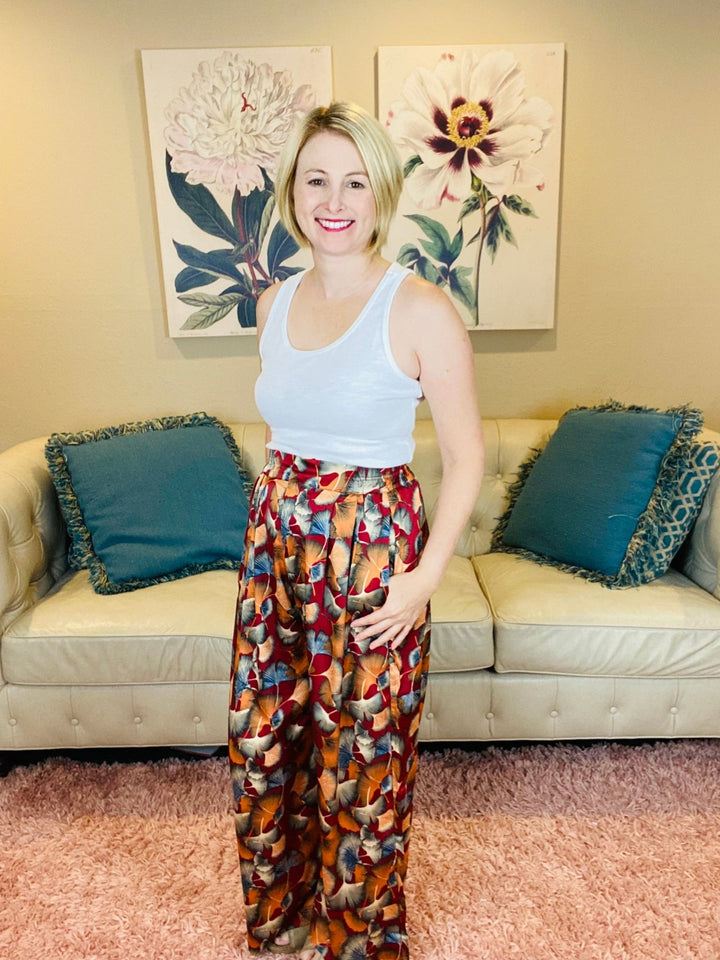 Wine Colored Fall Pants with Ginkgo Print - Lolo Viv Boutique