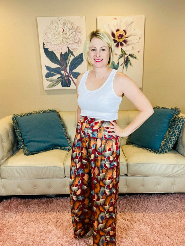 Wine Colored Fall Pants with Ginkgo Print - Lolo Viv Boutique