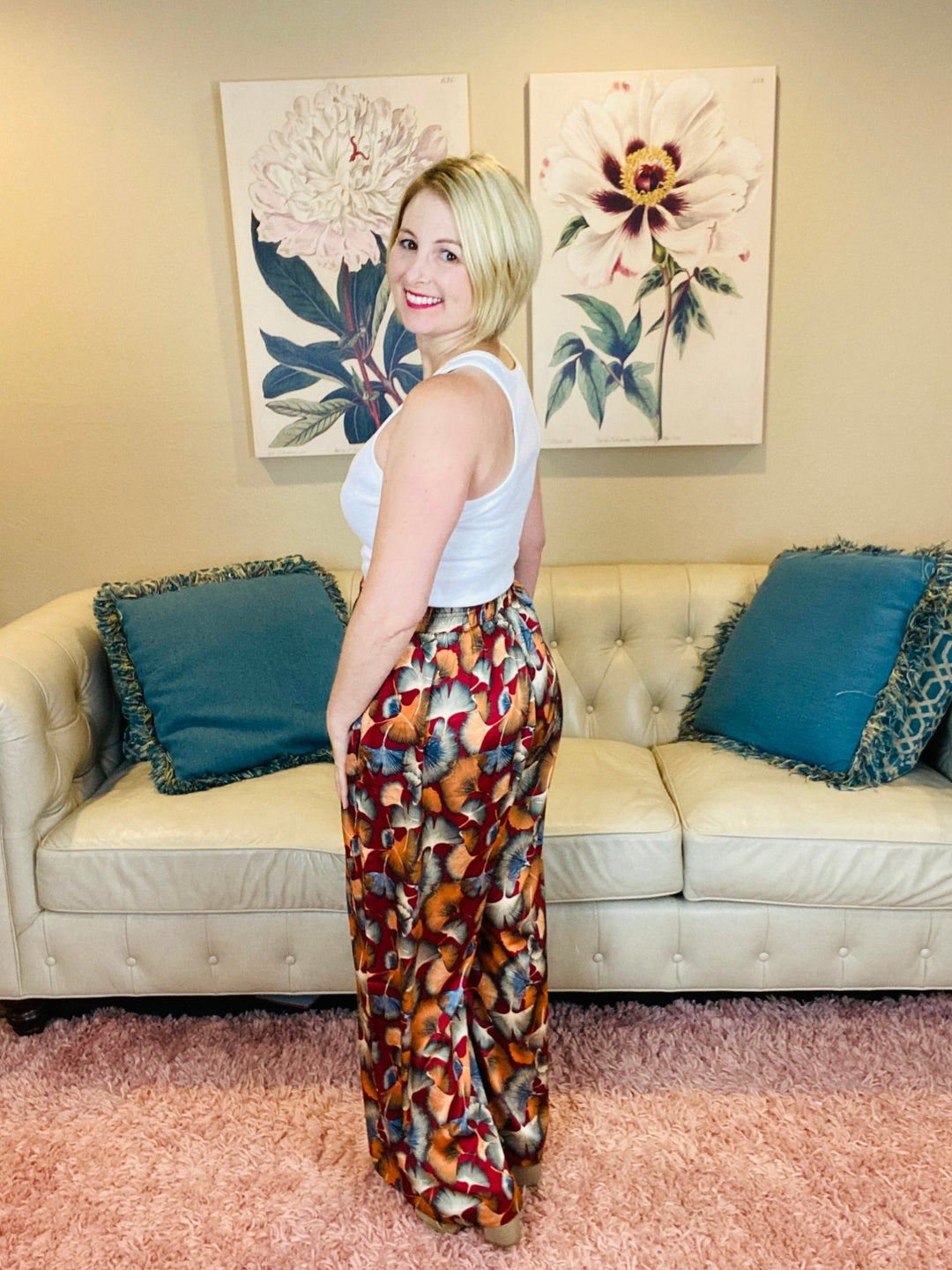 Wine Colored Fall Pants with Gingko Print - Lolo Viv Boutique