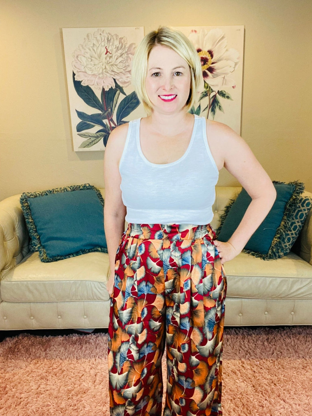 Wine Colored Fall Pants with Gingko Print - Lolo Viv Boutique