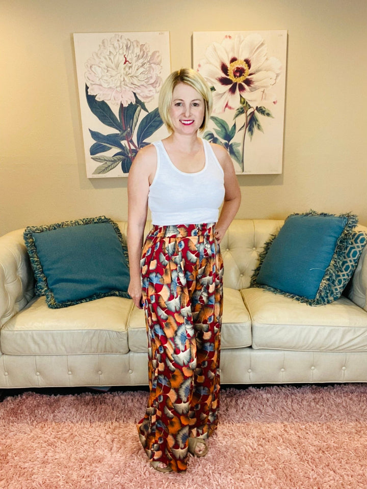 Wine Colored Fall Pants with Ginkgo Print - Lolo Viv Boutique