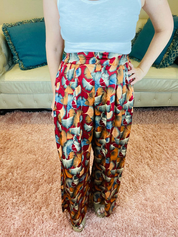 Wine Colored Fall Pants with Ginkgo Print - Lolo Viv Boutique