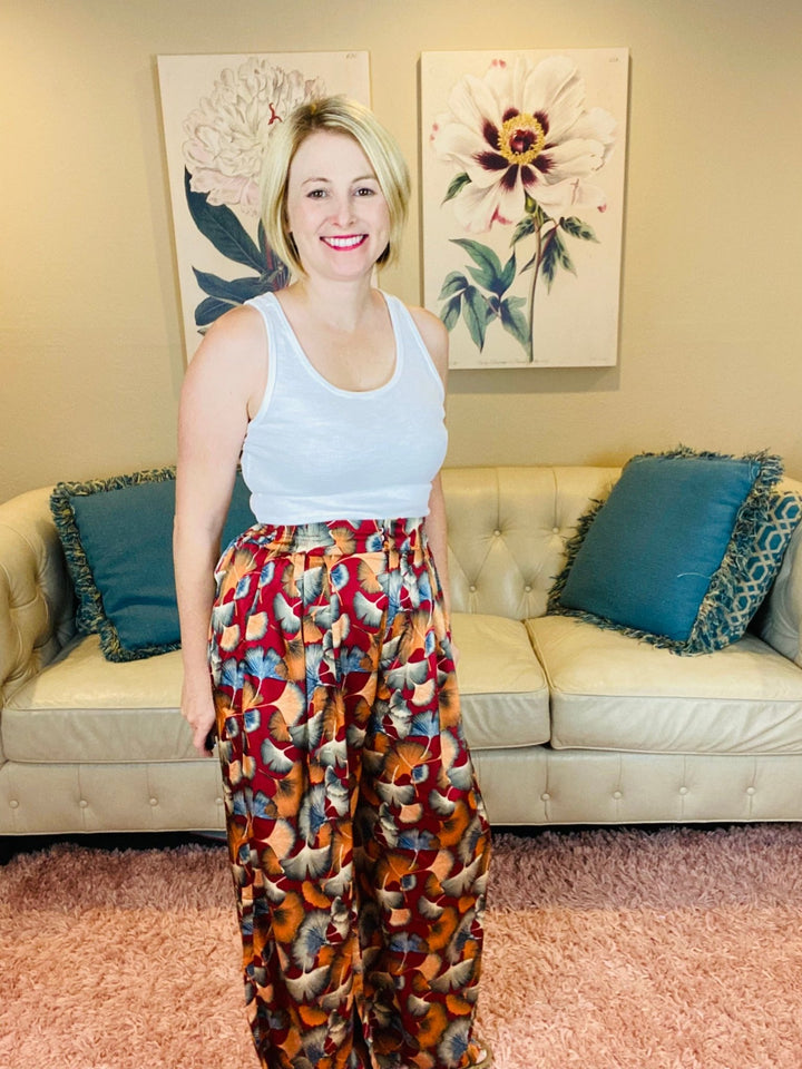 Wine Colored Fall Pants with Gingko Print - Lolo Viv Boutique