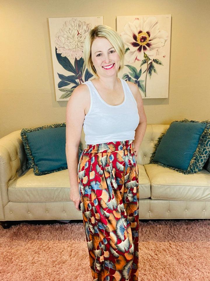 Wine Colored Fall Pants with Gingko Print - Lolo Viv Boutique