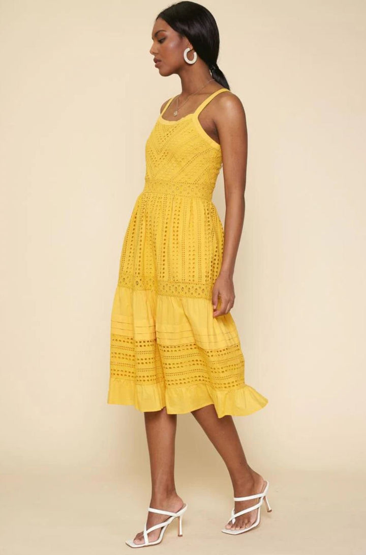 Yellow Sleeveless Eyelet Midi Dress - Lolo Viv Boutique