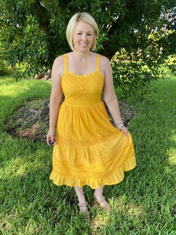 Yellow Sleeveless Eyelet Midi Dress - Lolo Viv Boutique