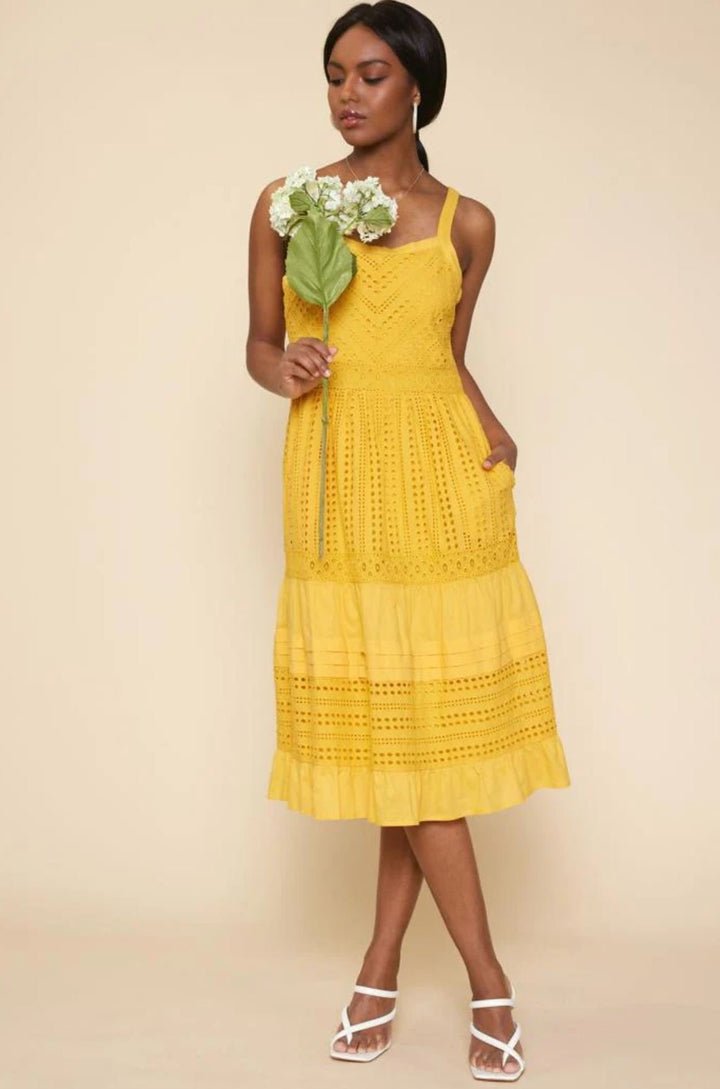 Yellow Sleeveless Eyelet Midi Dress - Lolo Viv Boutique