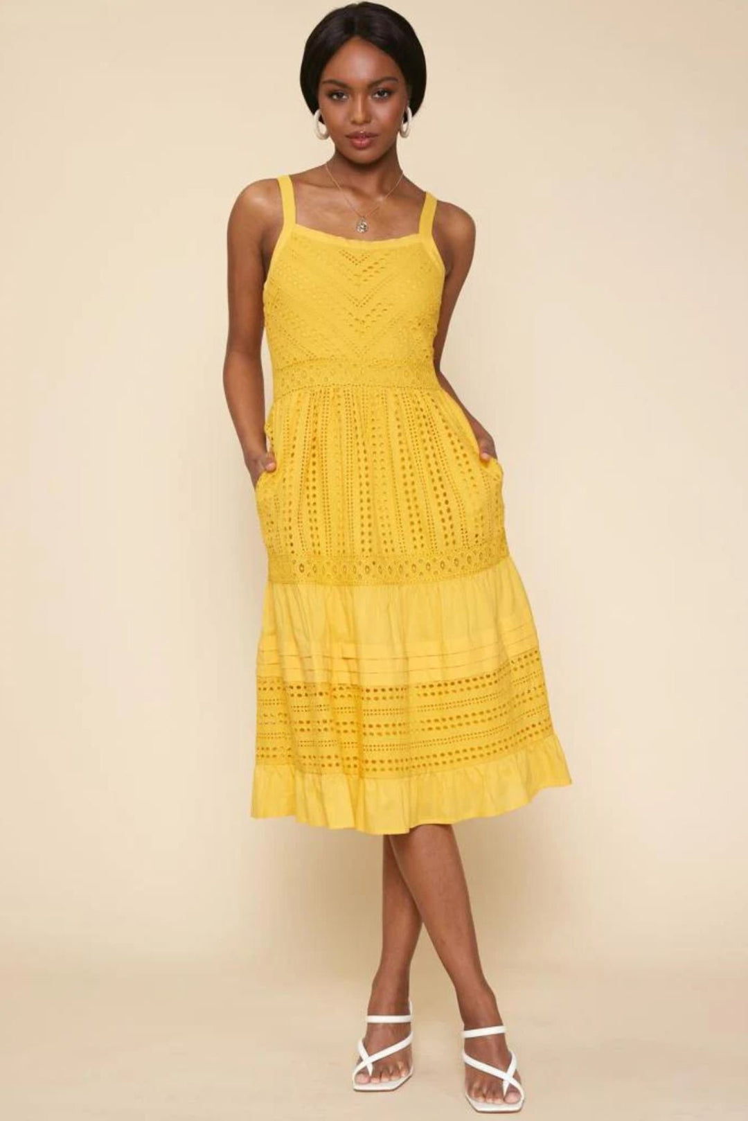 Yellow Sleeveless Eyelet Midi Dress - Lolo Viv Boutique